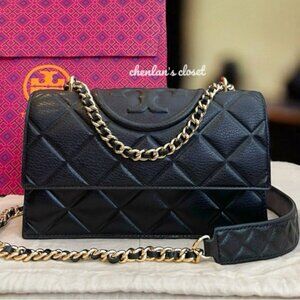 Tory Burch Fleming Black Leather Authentic Shoulder Bag With Gold Hardware